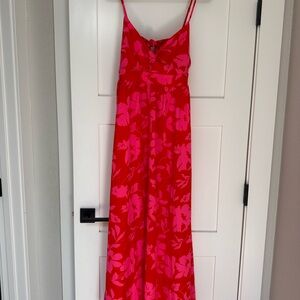 Red and Pink Floral Maxi Dress with Spaghetti Straps